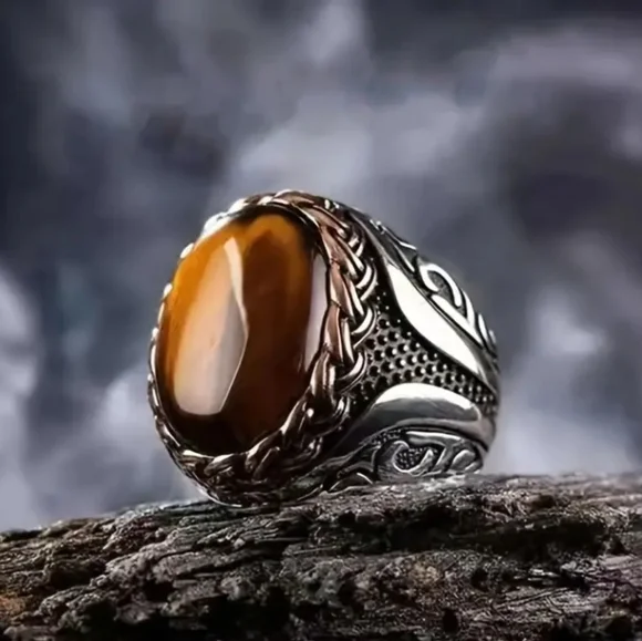 Vintage Tiger Eye Silvery Ring Bohemian Style Size 8 - Picture 9 of 17